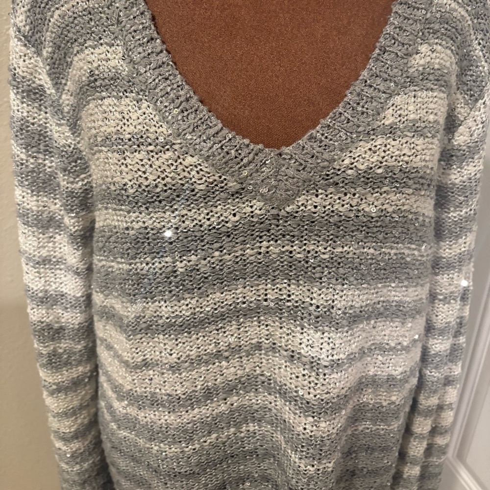 Liz Claiborne Gray and Cream V-Neck Sweater - Picture 2 of 4